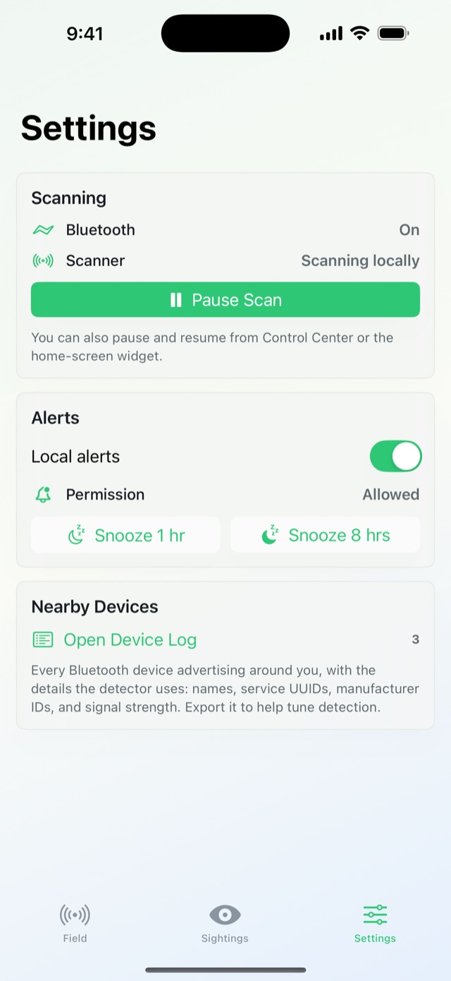 AntiZuck alert settings with snooze and registered devices.